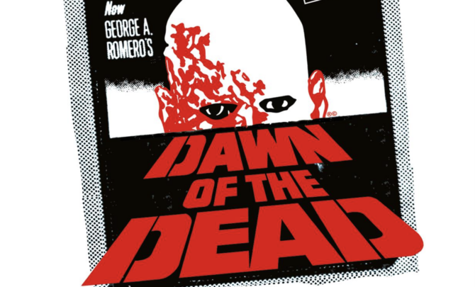 A promotional image for Dawn of the Dead featuring an illustrated zombie head.